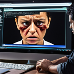 **A stressed small business owner in Chile staring at a computer screen displaying a ransomware message. The office environment is chaotic, representing the disruption caused by the attack. Emphasize the feeling of helplessness and financial strain.**