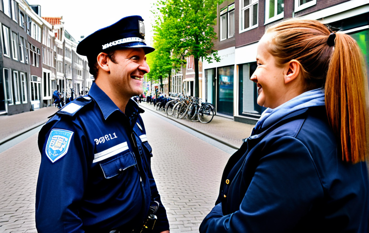 Community Policing**
"A friendly, fully clothed Dutch "wijkagent" (community police officer) interacting with residents in a diverse Amsterdam neighborhood, smiling and approachable, appropriate attire, safe for work, professional demeanor, natural proportions, bright daylight, clean and orderly street scene, family-friendly."
**